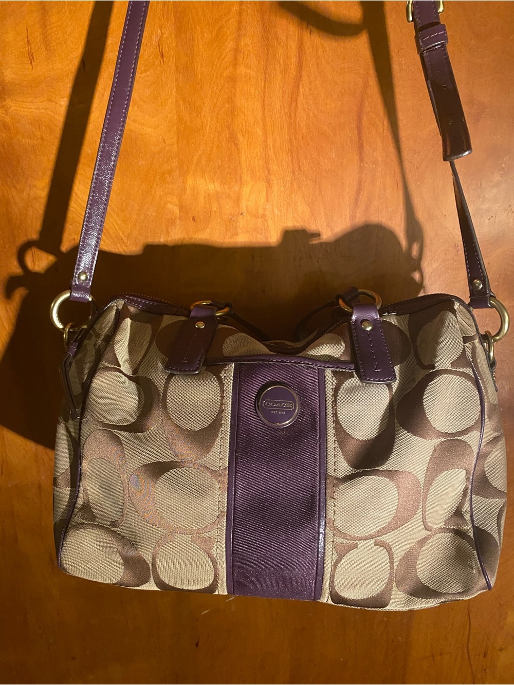Coach Brown Canvas Crossbody with Purple Leather Trim